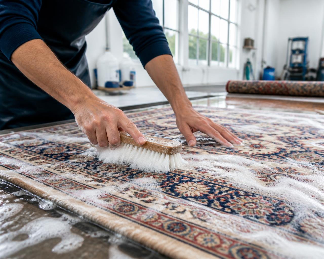 Rug technician hand-washing a fine Persian rug with soft suds in a bright cleaning studio