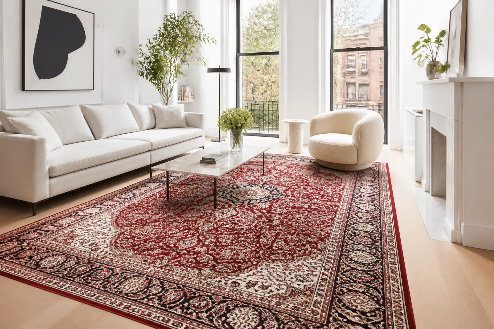 Sunlit contemporary Brooklyn living room with a large patterned oriental rug covering pale oak floors