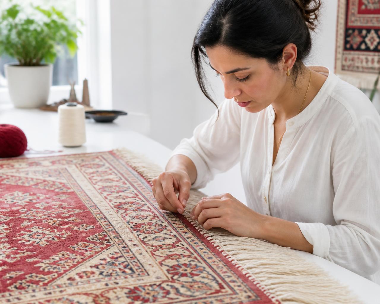 Rug artisan hand-repairing the fringe of a red and ivory oriental rug in a bright studio